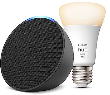 Echo Pop | Antracite + Philips Hue White Lampadina LED Smart (E27), compatibile con Alexa - Kit di base per Casa Intelligente