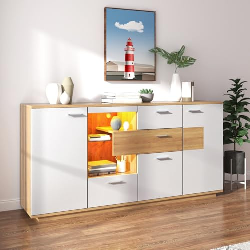 Sweiko Commode moderne avec 2 portes et 4 tiroirs, blanc avec étagères en verre, poignées dorées, meuble multifonction en bois pour couloir, chambre, salon, salle de bain