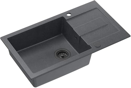 QUADRON fregadero de cocina negro | tamaño 78 x 45 x 18,5 cm | fregadero de granito CHRISTIAN 136 XL fregadero de cocina de un seno | con sifón manual y escurridor | fregadero de encastre de 1 seno