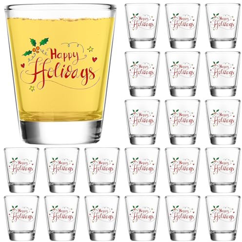 Tioncy 24 Pcs Christmas Shot Glasses 2 oz Clear Shot Glass Happy Holiday Print Cocktail Glasses Funny Cool Mini Whiskey Shot Glass Cups for Christmas Table Decoration Present Drinking Supply (Lovely)