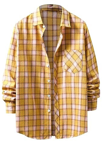 Mymyguoe Men's Checked Long Sleeve Casual Shirt with Chest Pocket, Breathable Cotton Checked Shirt, Regular Fit Lightweight Harajuku Vintage Tops with Button Placket, B Yellow, M