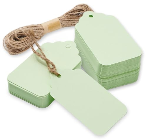 Whaline 200 Stück salbeigrüne Geschenkanhänger, grüne Papieranhänger, blanko, Hängeetiketten mit Hanfseil, für Hochzeit, Babyparty, Geburtstag, Party, Geschenk, Bastelbedarf