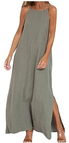AMhomely Boho Maxi Dresses for Women UK Cotton and Linen Dresses Summer Sexy Spaghetti Strap Long Solid Beach Shift Dress Elegant Party Sundress Plus Size Casual Dress Going Out Army Green 3XL
