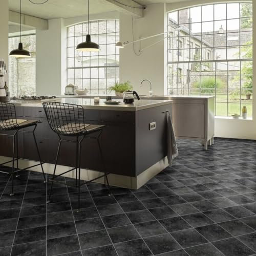 Black Tile Effect Anti-Slip Vinyl Flooring For LivingRoom, Hallways, Kitchen, 2.0mm Thick Cushion Backed Vinyl Sheet, Waterproof Lino Flooring-1m(3'3) X 2m(6'6)-2m²