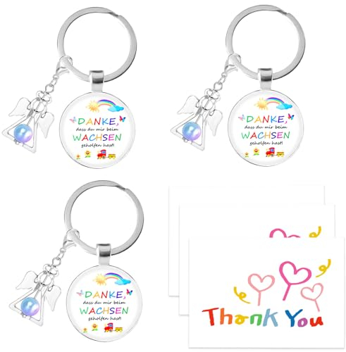 KHIRY Abschiedsgeschenk Erzieherin Geschenk Karte 3PC Danke DASS du Mir beim wachsen geholfen hast - Geschenkset inklusive Perlenengel Schlüsselanhänger | Ideales Abschiedsgeschenk