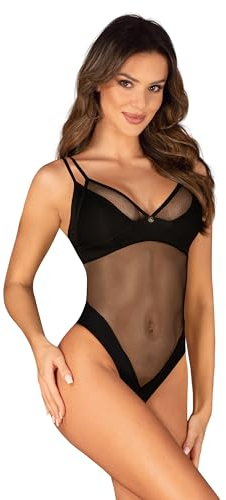 Selente Love & Fun - Set di Lingerie da Donna Composto da Body e Benda per Gli Occhi in Satin, Realizzato nell'UE, Nero-Mesh-Ouvert, Taglia M/L