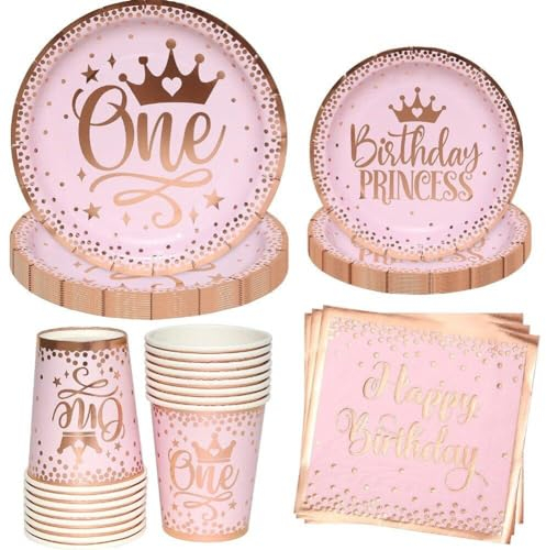 Glixoft Assiettes De Fête Roses, Assiettes De Couronne De Princesse, Gobelets en Papier, Vaisselle, Assiettes De Fête Prénatale, Fournitures De Fête en Or Rose pour Décorations De Fête d'anniversaire