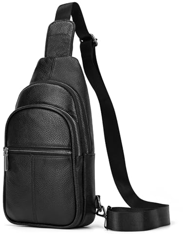 newsbirds Sling Bag Leder Schultertasche Brusttasche Umhängetasche Herren Bauchtasche Tasche Rucksack Daypacks Wasserresistent, 9342 Schwarz
