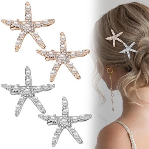 Lot de 4 pinces à cheveux en forme d'étoile de mer, accessoires pour cheveux de sirène,épingle à cheveux en strass,accessoires pour femmes et filles (2 dorées, 2 argentées) cristal argent