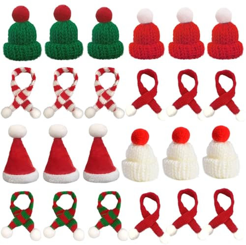 24 Stück Mini Weihnachtsmützen und Schal Set mini strickmützen, weihnachtsdeko flaschen mini strickmützen zum basteln mini schal, weihnachten mütze für DIY Handwerk Basteln, Puppenhaus