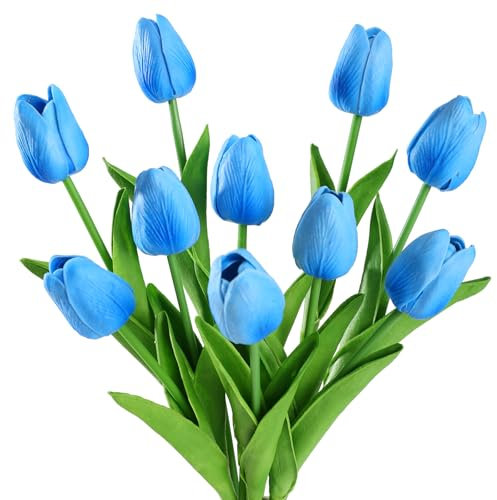 JUSTOYOU Ramo de 10 tulipanes artificiales de látex con tacto real, flores falsas de tulipán en color azul cielo, ideal para bodas, decoración del hogar y jardín (azul cielo, 10 piezas)