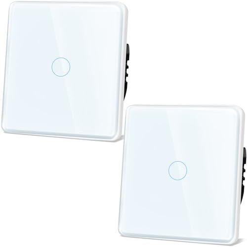 TAWOIA Touch Lichtschalter 1 Fach 2 Wege Unterputz Mit 2.5D Curved Glas Platte 86 * 86mm Wandlichtschalter Weiß 2er-Pack