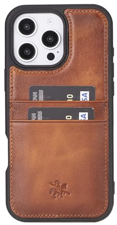 Venito Capri für iPhone 16 Pro Hülle mit Kartenhalter, handgefertigt, Vollnarben-Premium-Leder, Kamera-Abdeckung, Fall-/Aufprallschutz, RFID-Blockierung, Slim Case 6,3 Zoll Antik Braun