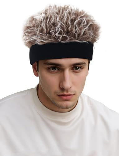 Adigau Neuheit Party Perücke Peaked Beanie Hut Stirnband mit Spike Haar Herrenhut Perücken Visiere Hip Hop Mütze Herren Stricken Männer Hellbraun Weiß