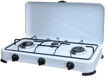 Hornillo de gas GLP KASART – Potente quemador de acero inoxidable ligero y fácil de transportar, estructura de acero esmaltado con patas antideslizantes, ideal para hornillo de camping (3 fuegos)