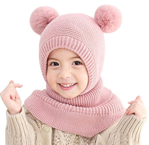 TAGVO Cagoule Hiver pour Fille Garçon Bonnet Écharpe Ensamble Bébé Enfant Chaud Double Pompon Balaclava Casquette Polaire Cache Cou Oreilles Chapeaux pour 2 à 5 Ans