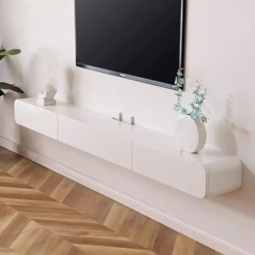 Meuble TV mural avec grand espace de rangement flottant pour salon Banc TV de 180 cm avec porte Couleur blanche.