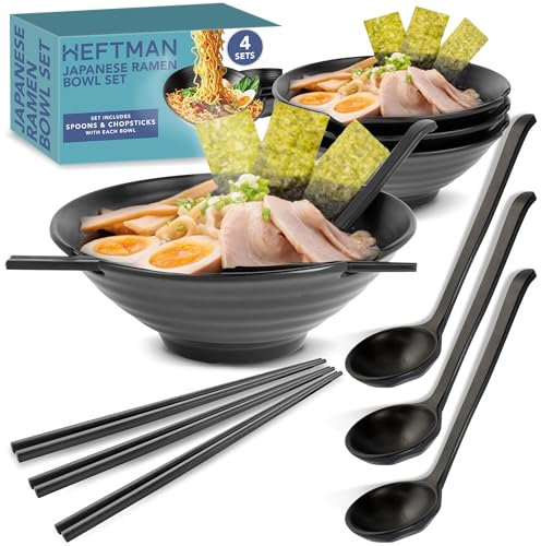 HEFTMAN Japanese Ramen Bowl Set of 4 - Elegant 1000ml Ramen Bowls, Dishwasher Safe Re-Usable Plastic Noodle Bowl Set for Soup, Salad, Rice & Pasta Dishes - with Matching Spoons & Chopsticks (Black)