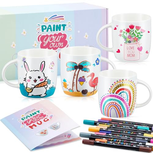 Geiserailie 4 Pcs Paint Your Own Mug DIY Paintable Kit Including 4 Blank Ceramic Sublimation Mugs 12 Brushes in 24 Colors for Adults Daughter Girlfriend/Boyfriend(Classic Style)