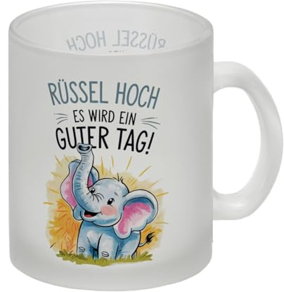Fröhlicher Cartoon Elefant Rüssel hoch Glas Tasse Lustige Tasse für Büro und Zuhause mit buntem Spruch