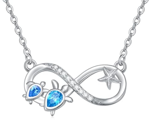 Flpruy 925 Sterling Silber Schildkröte Kette für Damen, Unendlichkeitszeichen Halskette mit Seestern, Blau Kristall Ozean Schmuck, Valentinstag Geburtstag Geschenk für Frauen Frau Mom
