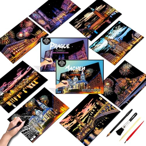 SiYear Ensemble de papier à gratter pour peinture artistique pour adultes, série de bâtiments emblématiques de la ville de nuit, grattoir créatif cadeau DIY avec gravure sur feuille et 4 outils
