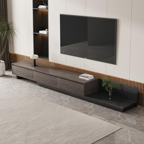 Telescopic TV Stand Extendable Black Walnut & Charcoal Grey Media Cabinet 200-330cm Width 3 Large Storage Drawers High-Density Board High Load-Bearing Sturdy Adjustable TV Unit for Living Room