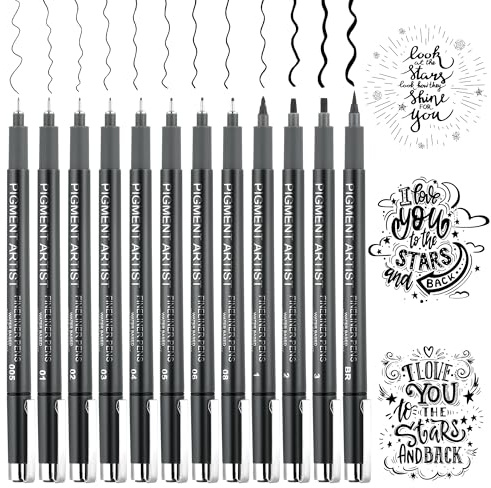 JIANTA Fineliner Schwarz Stifte, 12 Stück Fineliner Stifte Set für Anfänger, Handlettering Stifte Set, Kalligraphie Stifte für das Schreiben, Bullet Journal Zubehör, schwarze Zeichnung Stift