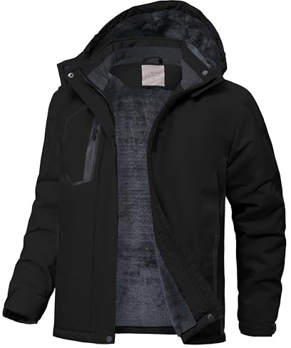 Buyboxs Boys Winter Jackets Fleece Lined Zipper Pockets Warm Waterproof Snowboard Coat for Kids Hardshell Hiking Jacket with Hood Black M (8-9)