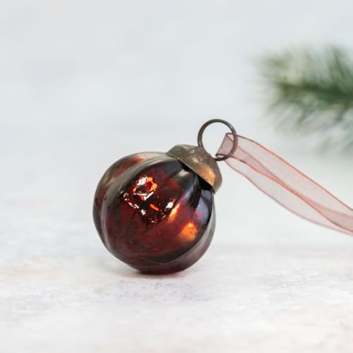 Arthur Cameron – Handmade, Mouth-blown 1 Ribbed Glass Mini Baubles with Bronze Cap, Ribbon & Organza Bag – Elegant Small Christmas Baubles & Christmas Hanging Decorations (Wine)