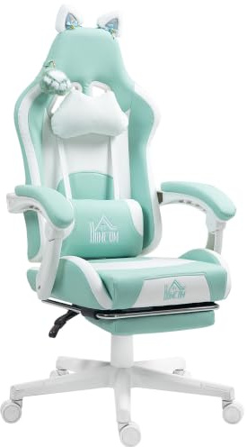 HOMCOM Gaming-Stuhl Ergonomischer Gamer-Stuhl mit Fußstütze Tiffanyblau | Lendenwirbelstütze, Gaming-Sessel mit Katzenohren, Kopfkissen, Höhenverstellbar, Bürostuhl mit Liegefunktion, Kunstleder