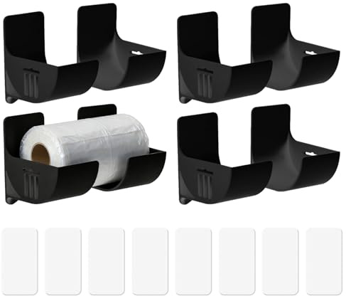 Dengthrive Bin Bag Holder Self-Adhesive: 4 Pairs Self-Adhesive Kitchen Foil Organiser Storage, Cupboard Door Storage for Tin Foil,Cling Film,Trash (Black)