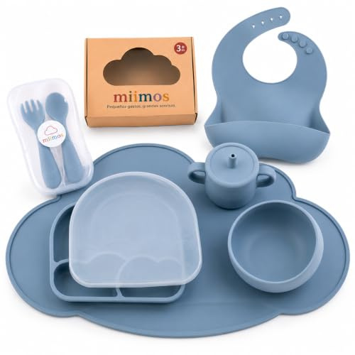 miimos Vajilla Bebé Silicona BLW | Set Completo con Plato Ventosa Fuerte, Bol, Vaso, Babero, Cubiertos con Estuche y Tapete | 100% Silicona Alimentaria Libre BPA (AZUL)