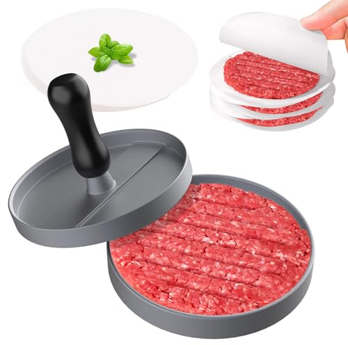 GeeRic Burgerpresse Antihaft mit 100 Patty Papieren, Robuste Hamburger Presse aus Aluminium für Grill,11 cm, Spülmaschinengeeignet