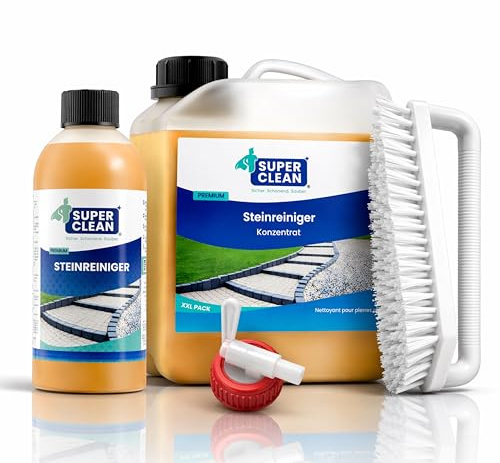 SUPER CLEAN Stone Cleaner Concentrate 2L+ 500 ml + Handle Brush + Outlet Tap - for Patio, Concrete, Natural Stone & Paving Slabs - Cleaner Against Green Growth, Dirt & Deposits - For up to 250 m²