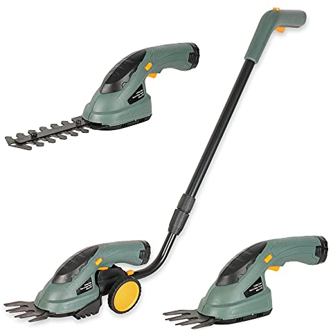 FISHTEC Tagliabordi Tagliaerba a batteria + Tagliasiepi Elettrico senza fili - Cesoie per Prato con 2 tipi di Lama : Tosaerba + Scultura siepi - Batteria al litio 3,6 V - Manico Telescopico 92 cm