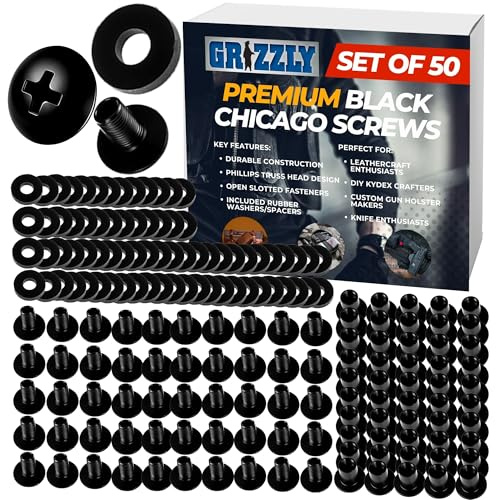 Grizzly - Black Chicago Screws For Leather/Kydex Gun Holsters/Clips and Knife Sheaths (1/4 Inch, 50 Pack) - Phillips Truss Heads and Open Slotted Fasteners with Rubber Washers/Spacers