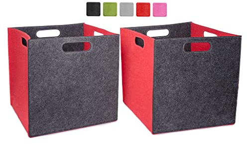 Kallax Box, Aufbewahrungsbox 33x33x33, Filzbox aufbewahrung, 2er Filzkörbe Set, Regalkorb Korb Box, mit 4 Griffen in 4 tollen Farbkombinationen, kallax box regal, rot und dunkelgrau