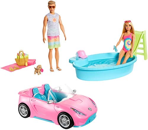 Barbie et Ken Coffret Voiture décapotable, Piscine avec Toboggan, 2 poupées en Maillot de Bain, Tenues et Accessoires Inclus, Jouet pour Enfant, GJB71