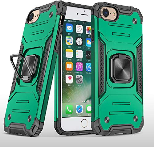 UEEBAI Case for iPhone SE 2022 5G/iPhone 7/iPhone 8/iPhone SE 2020/iPhone 6/iPhone 6S, Military Armor Ring Holder Case Ultra Slim Shockproof TPU Bumper Hard PC Case Ring Kickstand Cover - Dark Green