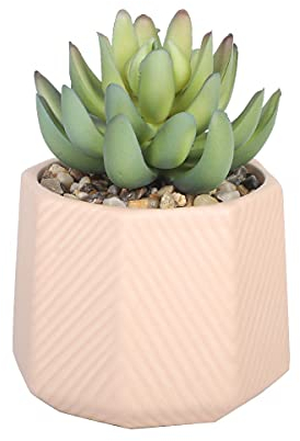 Sleepdown Halo Artificial Faux Plant for Home Office Bathroom Decor Indoor Decoration Aesthetics, Ceramic, Metal, Plastic, Green Succulent Pink Geo Pot - 932, Small