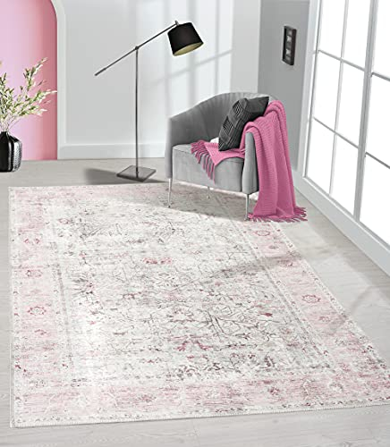 the carpet Elira Teppich, Flachgewebe, Robust, Modernes Design, Vintage Optik, Used Look, Superflach, Baumwolle, waschbar, Bordüre, Rosa, ca. 200 x 290 cm