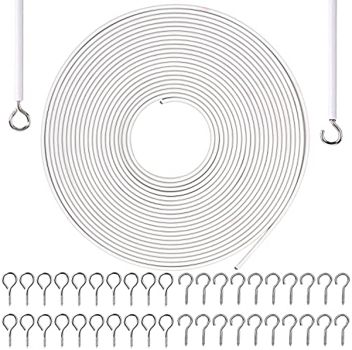 GGOUPTY Gardinendraht, 10 m lang, mit 20 Ösen, 20 Haken, Weiß, zum Aufhängen, Kordel zum Aufhängen von Netzvorhang, Fotos, Basteln