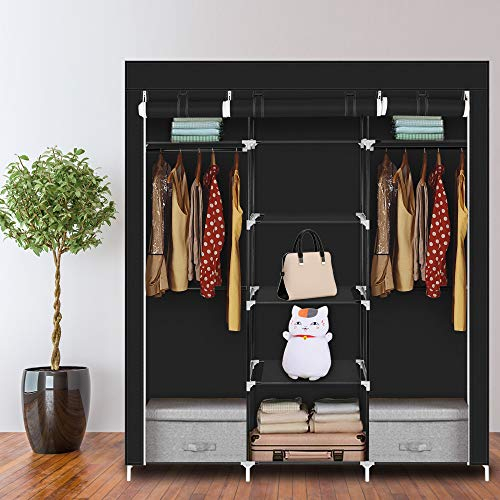 LEADZM Kleiderschrank Faltschrank Stoffschrank Faltbare Garderobe Canvas mit Reißverschluss Stoffschrank Kleiderschrank mit Kleiderstange, Fächern, 150 x 45 x 175 cm (Schwarz)