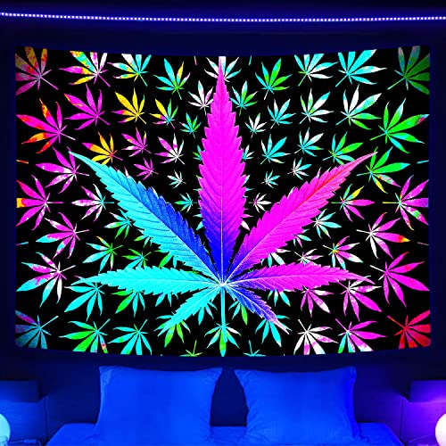 VEIGIKE Cooles Trippy Weed Schwarzlicht-Wandteppich, UV-reaktiv, Neon-Batikfärbung, Marihuana-Blatt, Cannabis, Schwarzlicht-Kunstposter für Männer, Zimmer, Schlafzimmer, psychedelisch, leuchtet im
