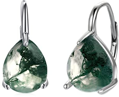 POPLYKE Teardrop Natürliche Edelstein Ohrringe - 925 Sterling Silber Leverback Blatt Moos Achat für Frauen Geburtstagsgeschenke