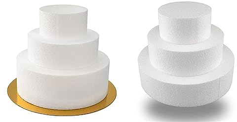 MCE-Commerce A3995994 Styropor 3 Etagen | Ø 10/15/20 cm | Höhe 15cm & Styropor Torte Set dreistöckig H 5cm, 10cm; 15cm; 20cm, Weiß, 20x15cm