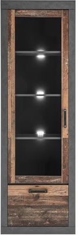 Vitrine in Old Used Wood Holz Shabby Design mit grau Matera Vitrinenschrank Wohnzimmer Esszimmer Schrank 65 x 201 cm Ward (Vitrine 1)