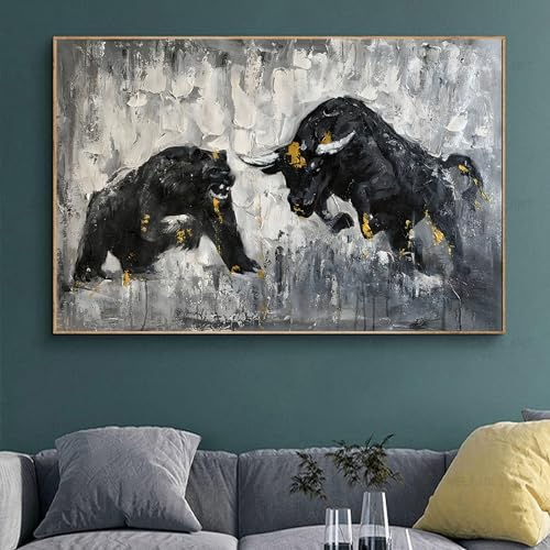 Bull-Gemälde, Leinwand-Kunst, Kampfstier, Wandkunst, Bär, Texas, Kuh, Bild, Stier gegen Bär, Wandkunst, abstrakte Tiermalerei, Wildtier-Leinwandkunst, Stier und Bär, Leinwanddruck, 40,6 x 61 cm,