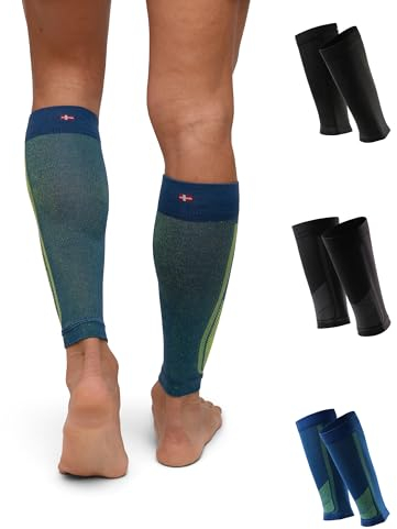 DANISH ENDURANCE Waden-Kompressionsstrümpfe ohne Fuß (1 | 3 Paar), 21-26 mmHg, Unisex, für Damen & Herren, 3 Paare (1 Schwarz, 1 Schwarz/Grau, 1 Blau/Gelb), M